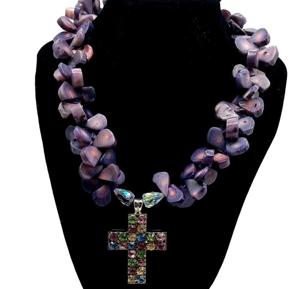 Purple Coral Necklace With Multicolor Glass Rhinestone Cross Pendant. - Picture 1 of 7